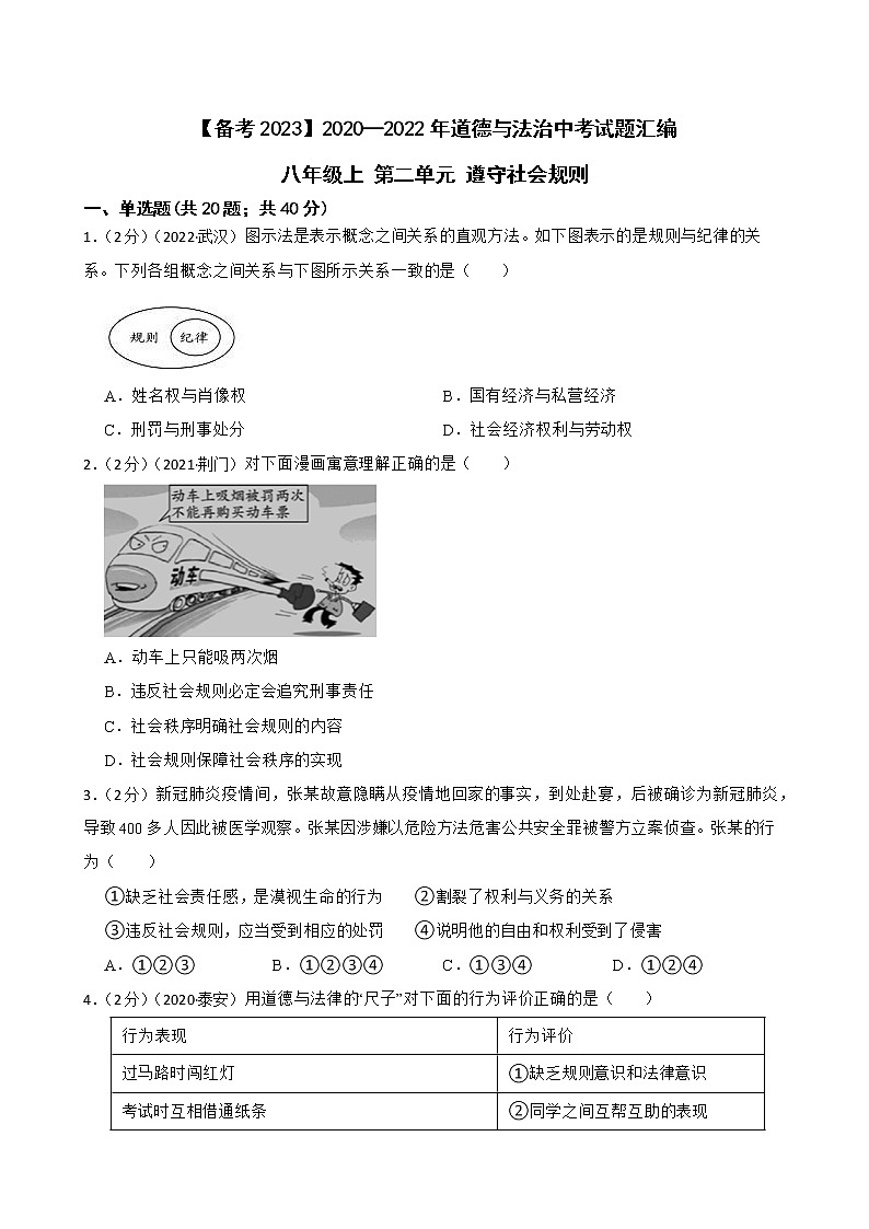 初中政治中考复习 【备考2023】2020—2022年道德与法治中考试题汇编八年级上第二单元 遵守社会规则（含答案解析）第1页