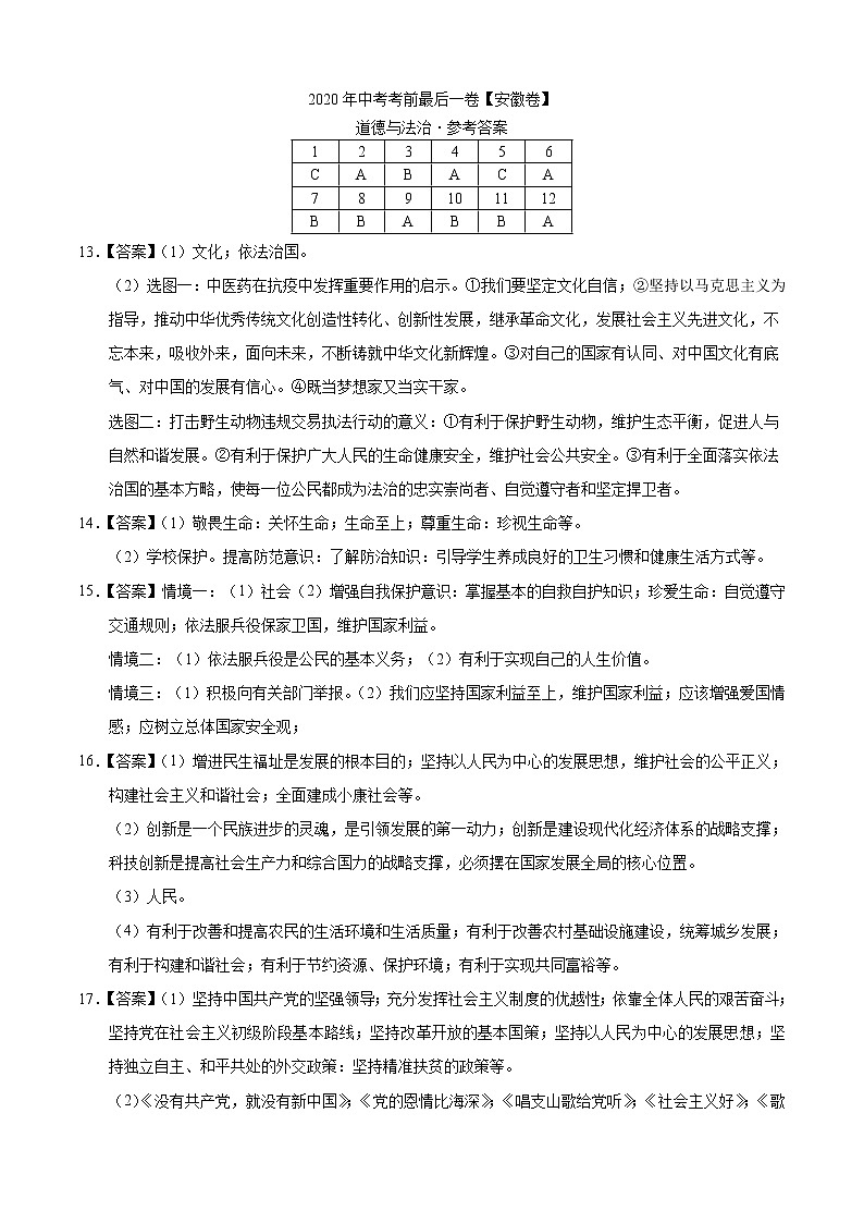 初中政治中考复习 道德与法治-（安徽卷）2020年中考考前最后一卷（参考答案）第1页