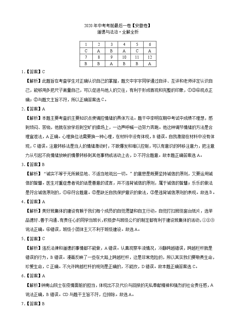 初中政治中考复习 道德与法治-（安徽卷）2020年中考考前最后一卷（全解全析）第1页
