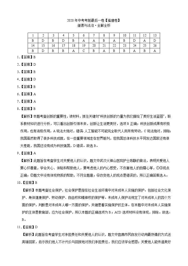 初中政治中考复习 道德与法治-（福建卷）2020年中考考前最后一卷（全解全析）第1页