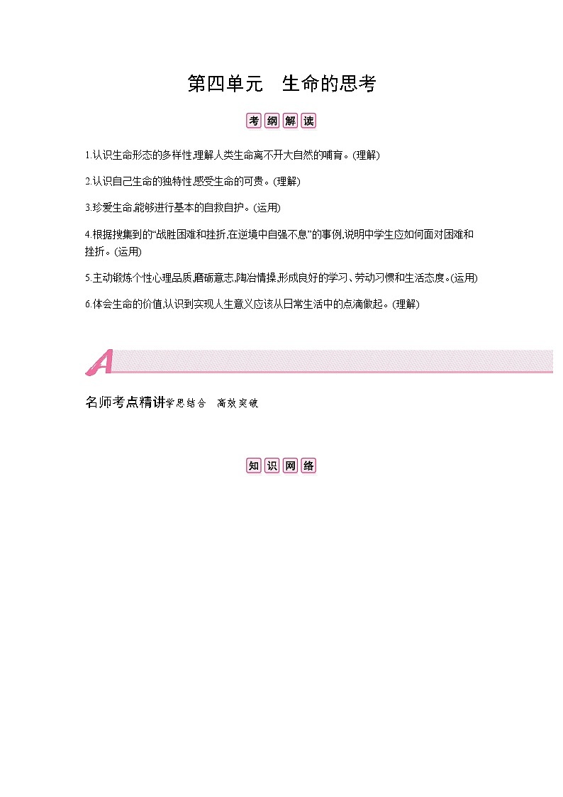 初中政治中考复习 第四单元  生命的思考第1页