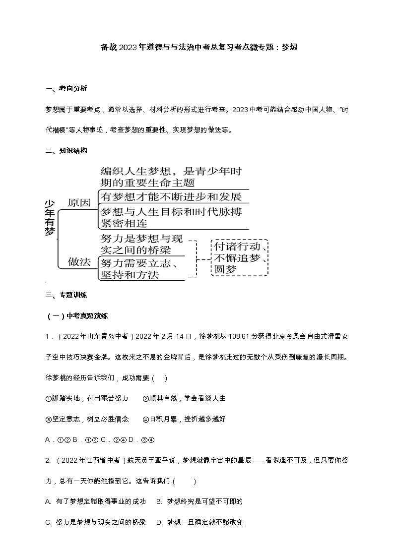 专题01梦想（含解析）——【中考二轮复习】2023年道德与法治考点总复习学案01