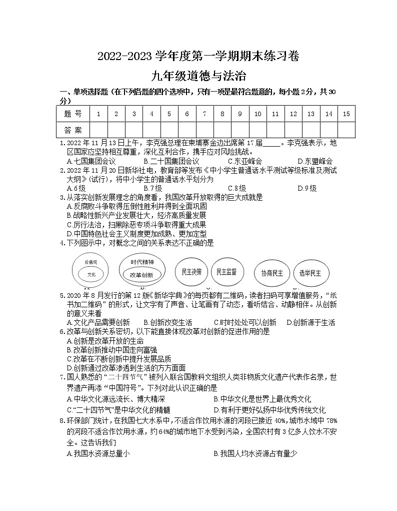 江苏省南京市浦口区2022-2023学年九年级上学期期末学业质量监测道德与法治试题第1页