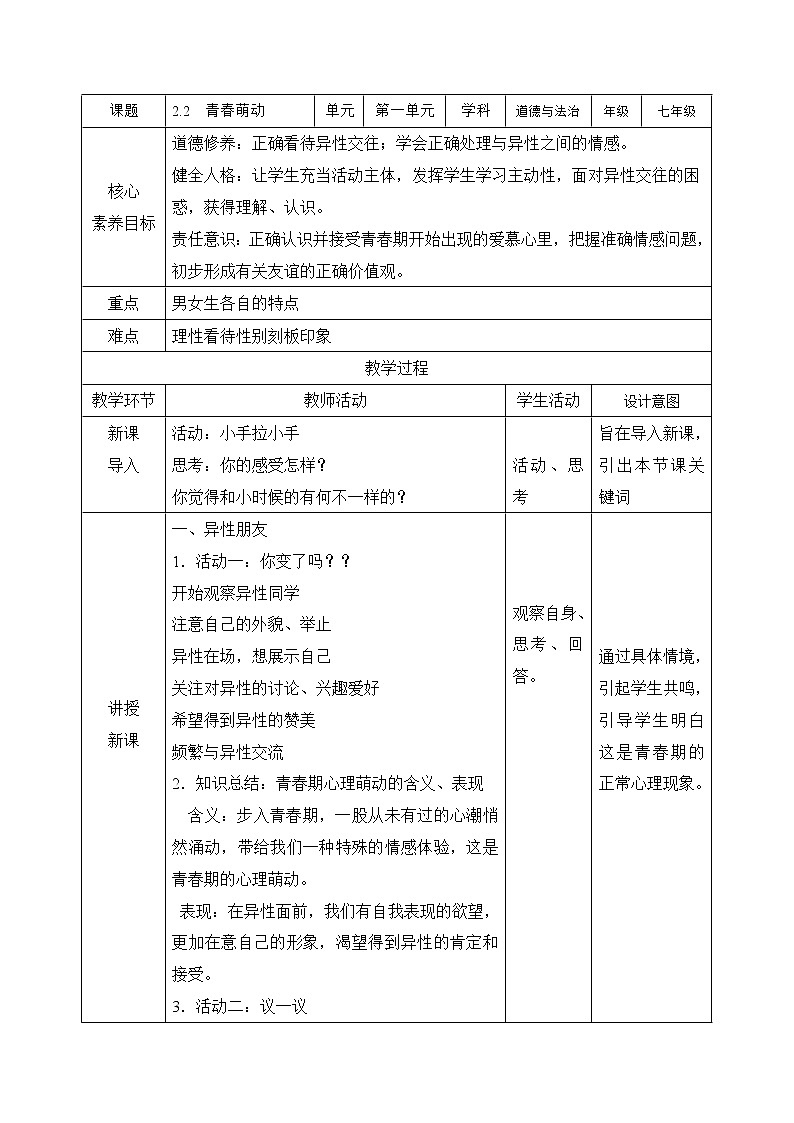 部编版道德与法治七年级下册 2.2 青春萌动 教案第1页