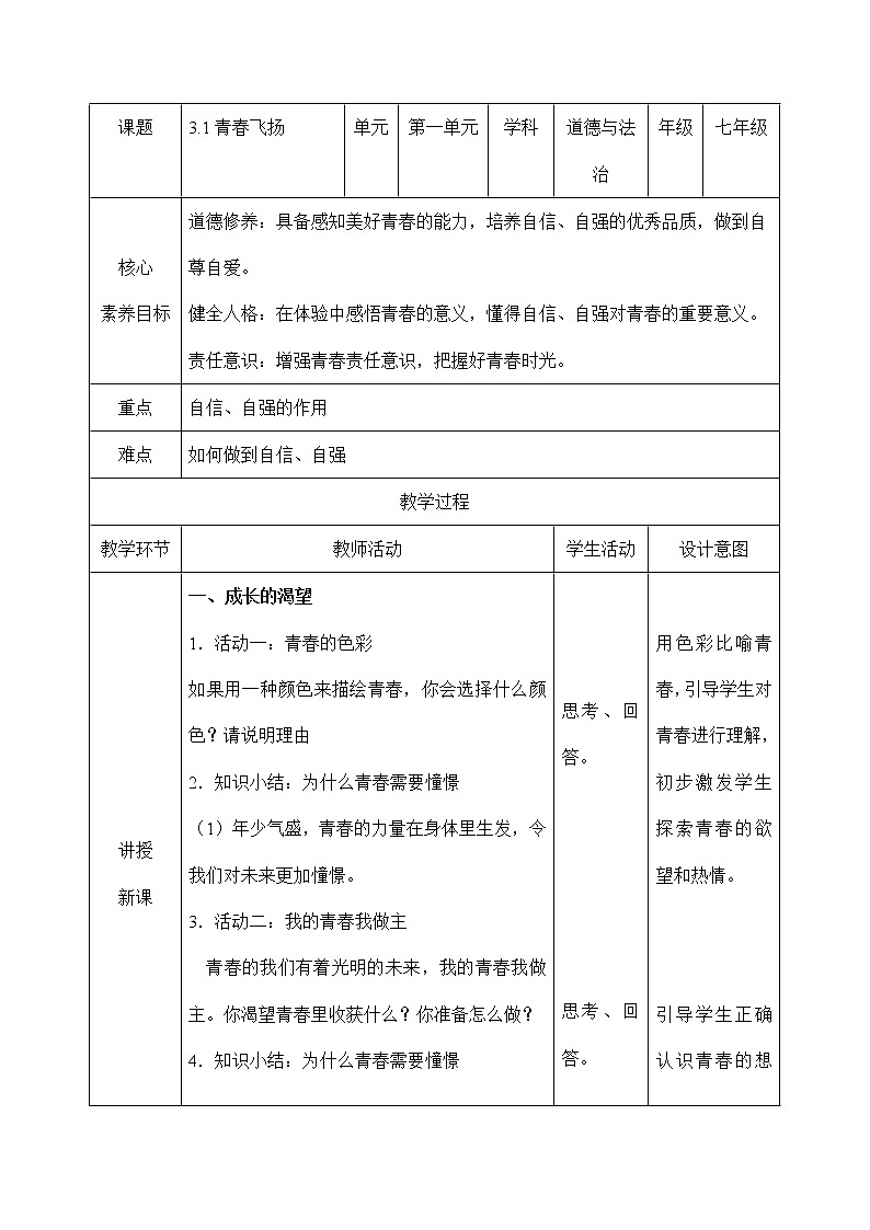 部编版道德与法治七年级下册 3.1 青春飞扬 教案第1页