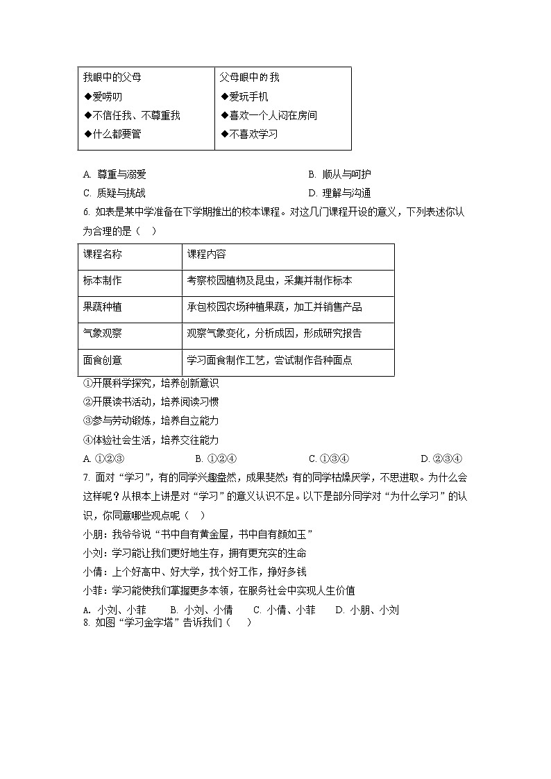河北省张家口市怀来县2022-2023学年七年级上学期期末练习道德与法治试题02