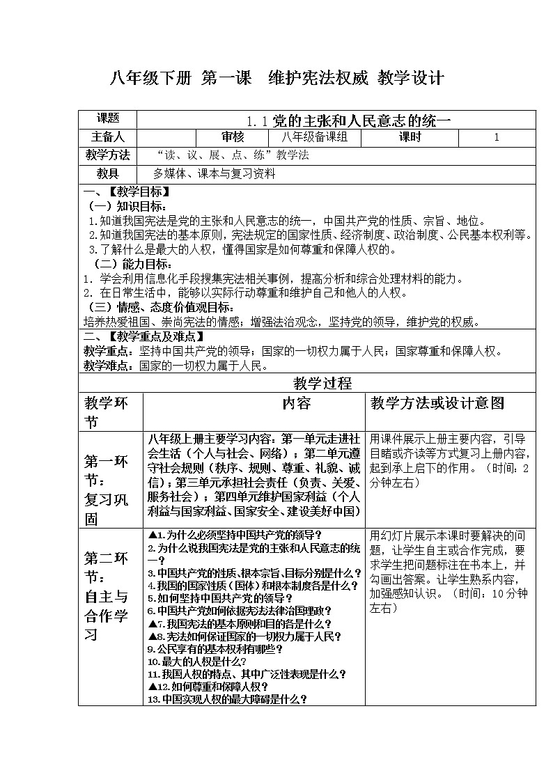 1.1.1 党的主张和人民意志的统一 课件+教案01
