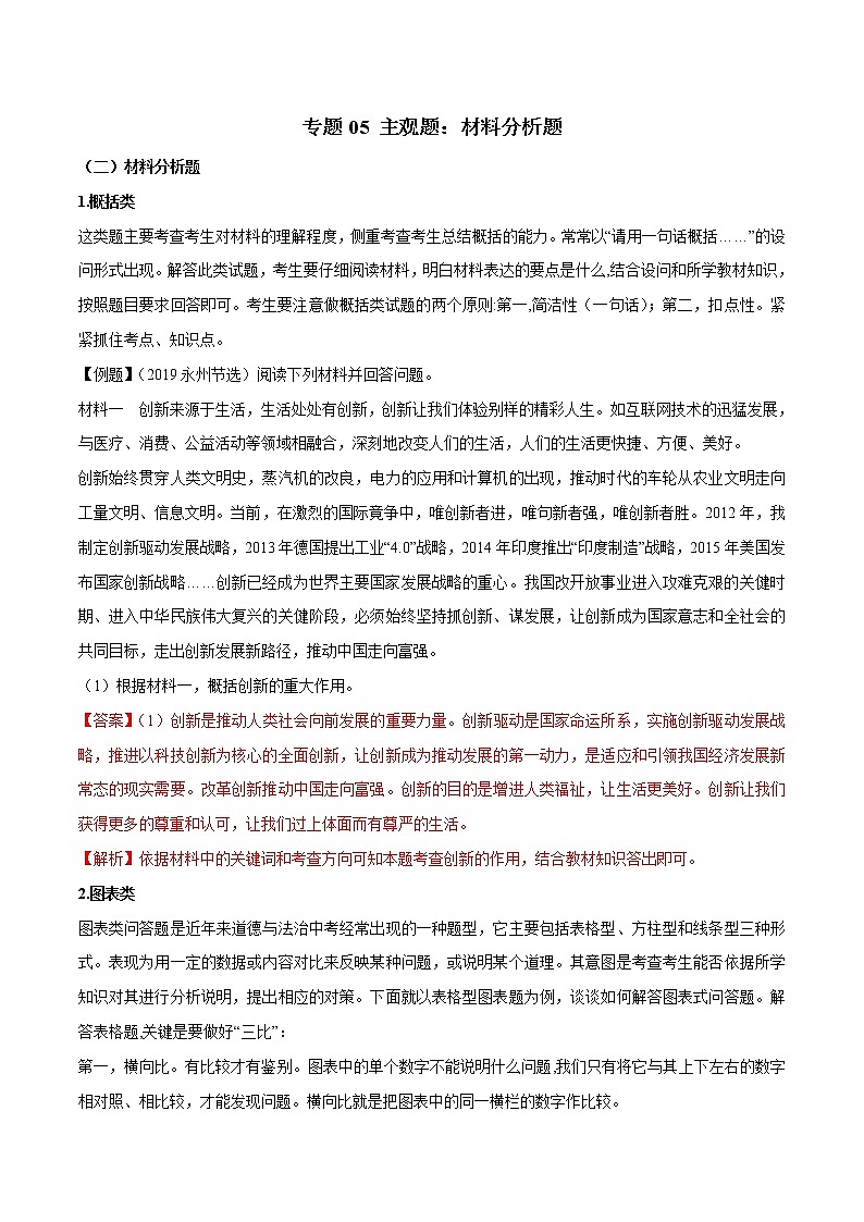 初中政治中考复习 专题05 主观题：材料分析题-2020年中考道德与法治题型解题技巧进阶第1页