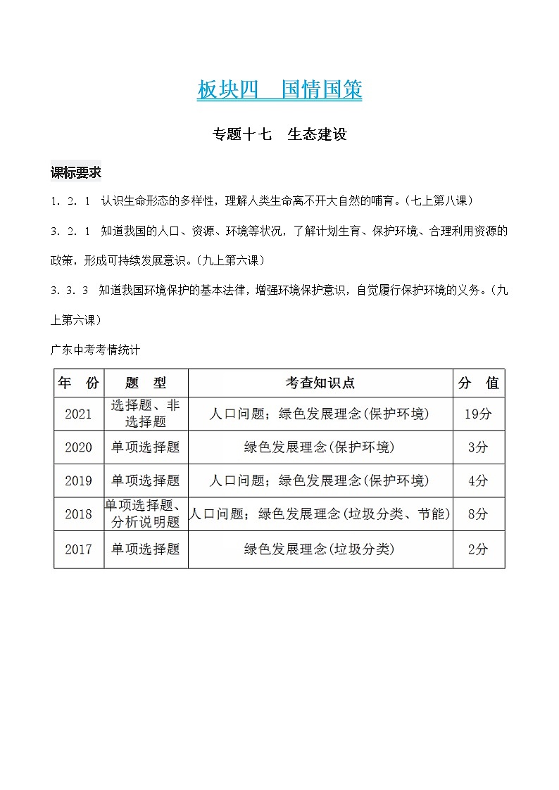 初中政治中考复习 专题十七  生态建设（解析版）第1页