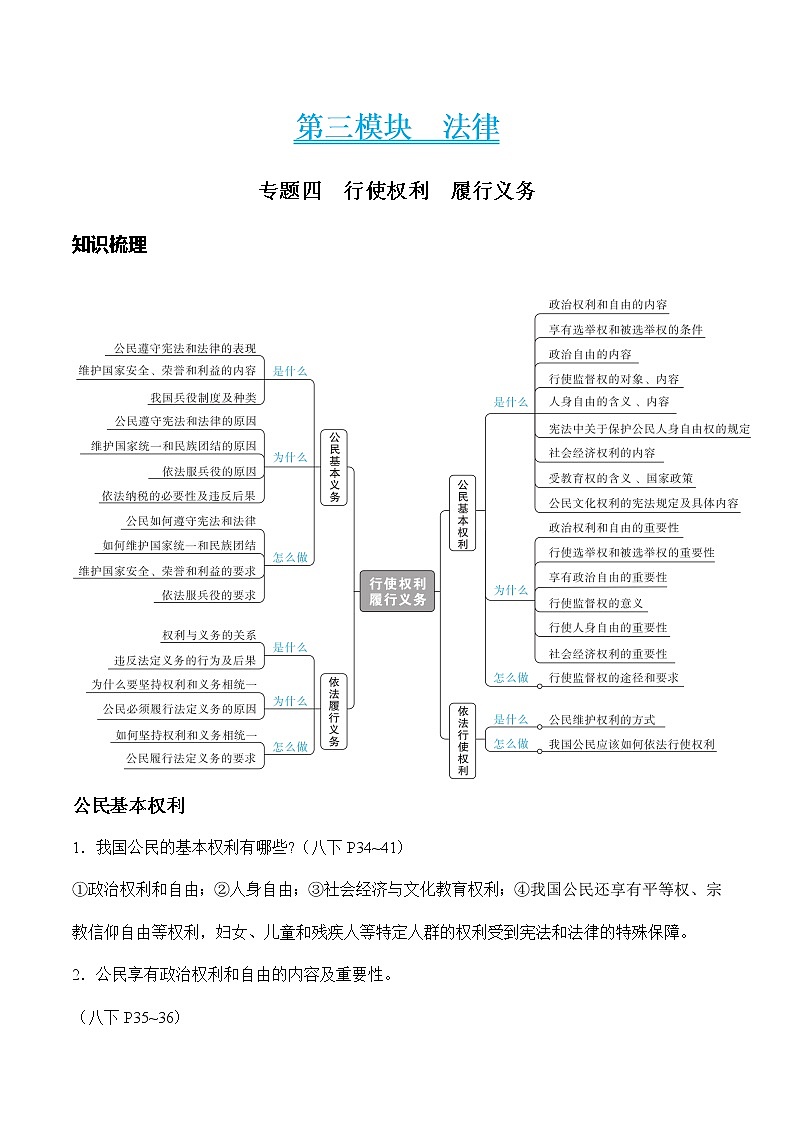 初中政治中考复习 专题四 行使权利履行义务（学生版）第1页
