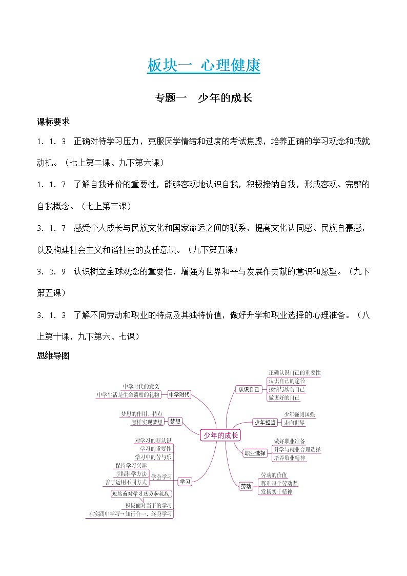 初中政治中考复习 专题一  少年的成长（解析版）第1页