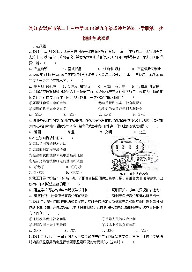 初中政治中考复习 浙江省温州市第二十三中学2019届九年级道德与法治下学期第一次模拟考试试卷01