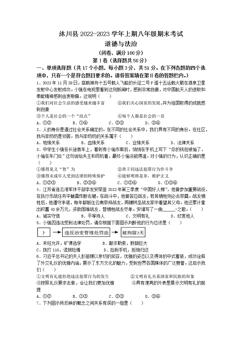 四川省乐山市沐川县2022-2023学年八年级上学期期末道德与法治试题01
