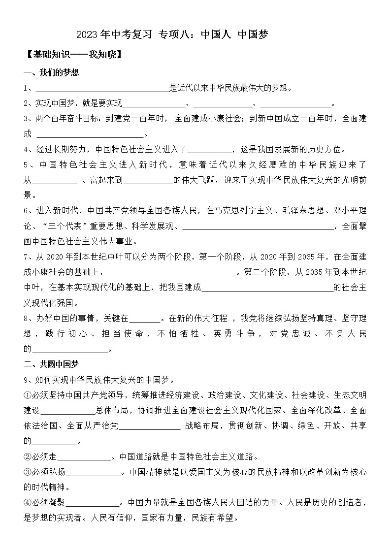 2023年中考一轮复习专项八《中国人 中国梦》课件+学案01