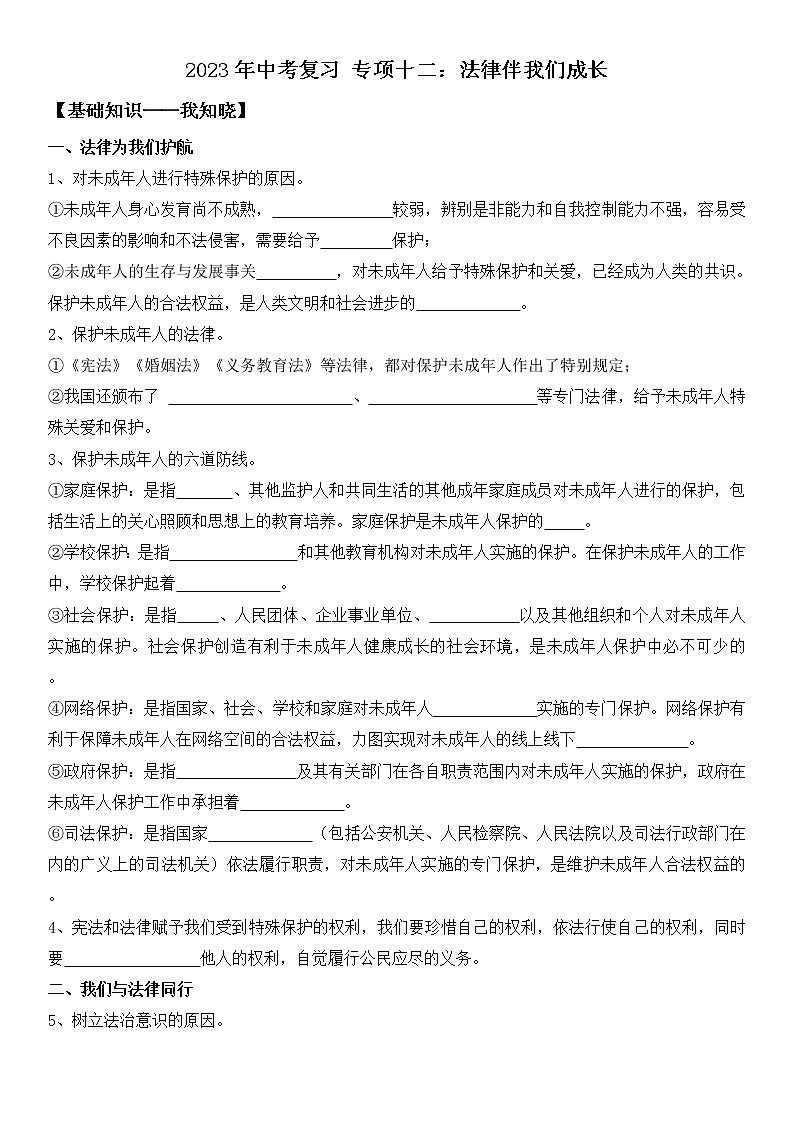 2023年中考道德与法治一轮复习 专项十二《法律伴我们成长》课件+学案01