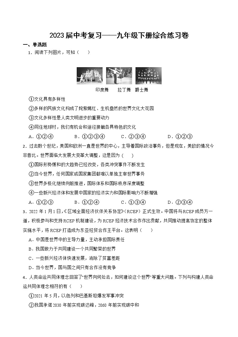 2023届道德与法治中考复习：九年级下册综合练习卷第1页