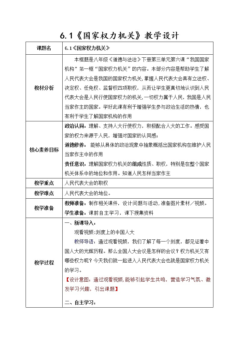 6.1国家权力机关（教案）-2022-2023学年道德与法治部编版八年级下册第1页