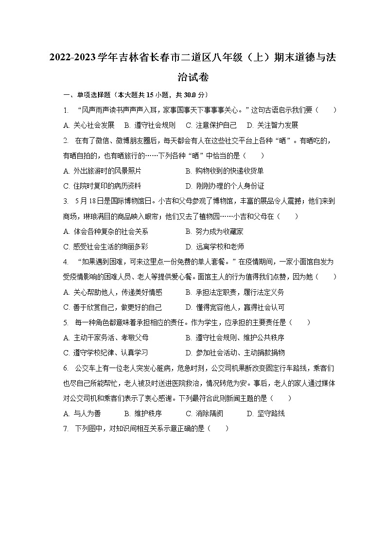 2022-2023学年吉林省长春市二道区八年级（上）期末道德与法治试卷（含解析）01