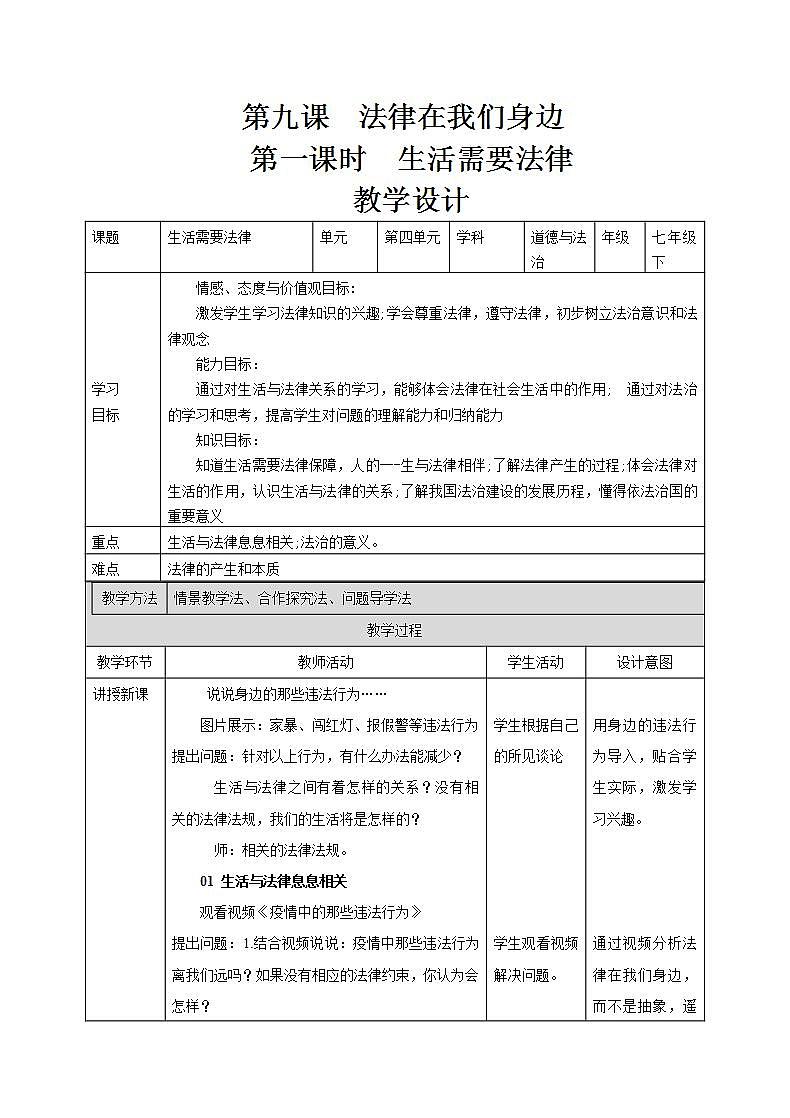 人教部编版道德与法治七年级下册 9.1生活需要法律（课件+教案+素材）01