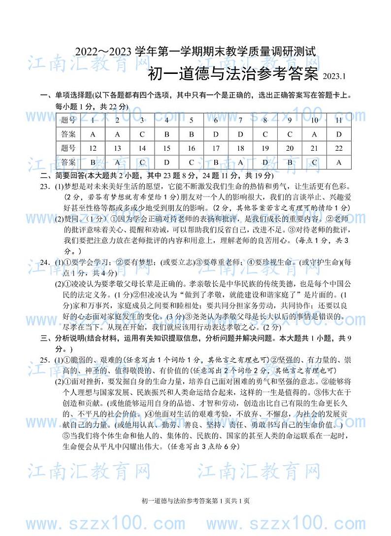 初一道法参考答案第1页