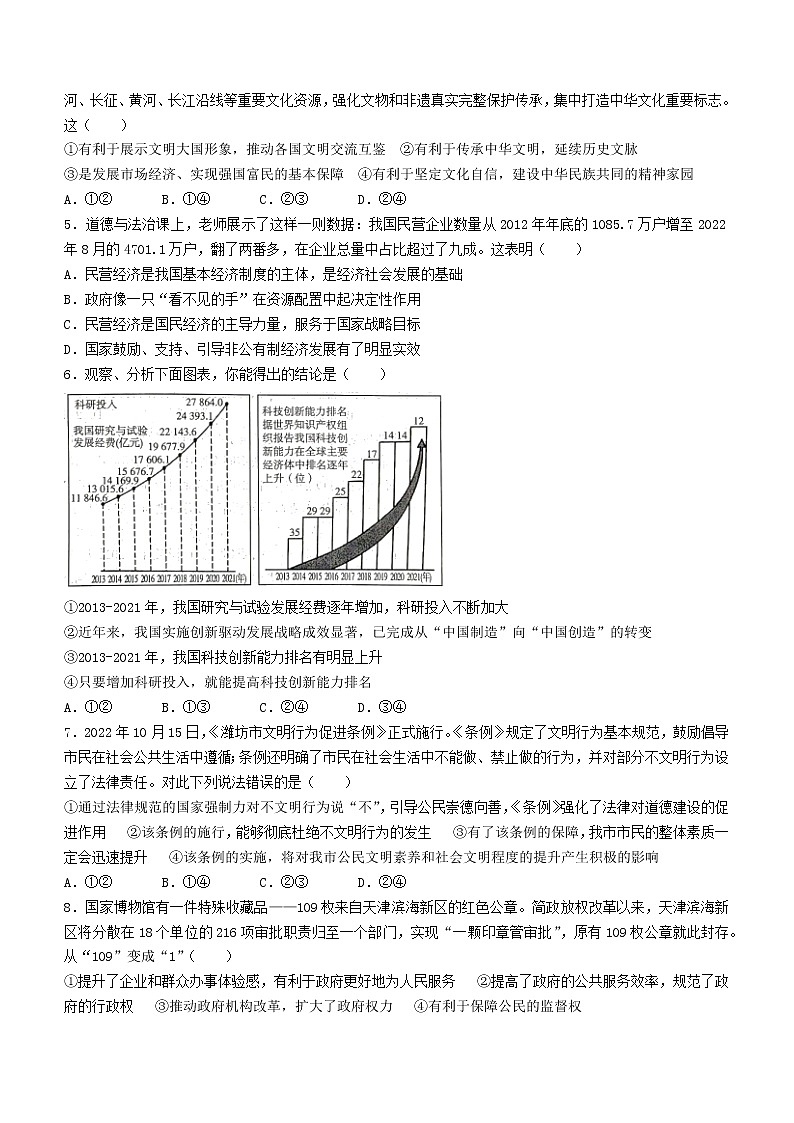 2023年山东省潍坊市潍城区、寒亭区、坊子区、奎文区中考一模道德与法治试题（含答案）第2页