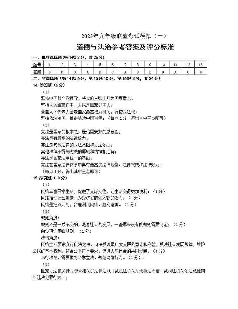 徐州市沛县2023年九年级联盟考试模拟（一）道德与法制01
