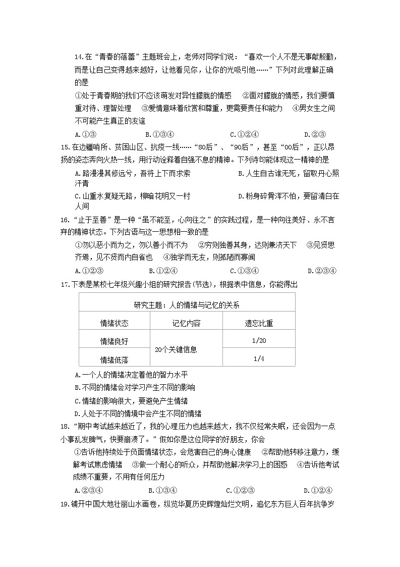 山东省菏泽市鄄城县2020-2021学年七年级下学期期中考试道德与法治试题02