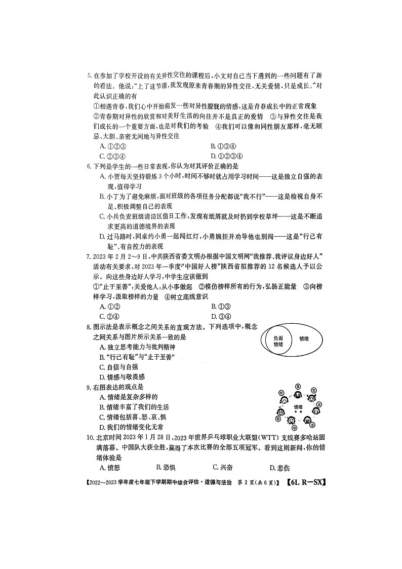 陕西省榆林市第十中学2022-2023学年七年级下学期4月期中道德与法治试题02