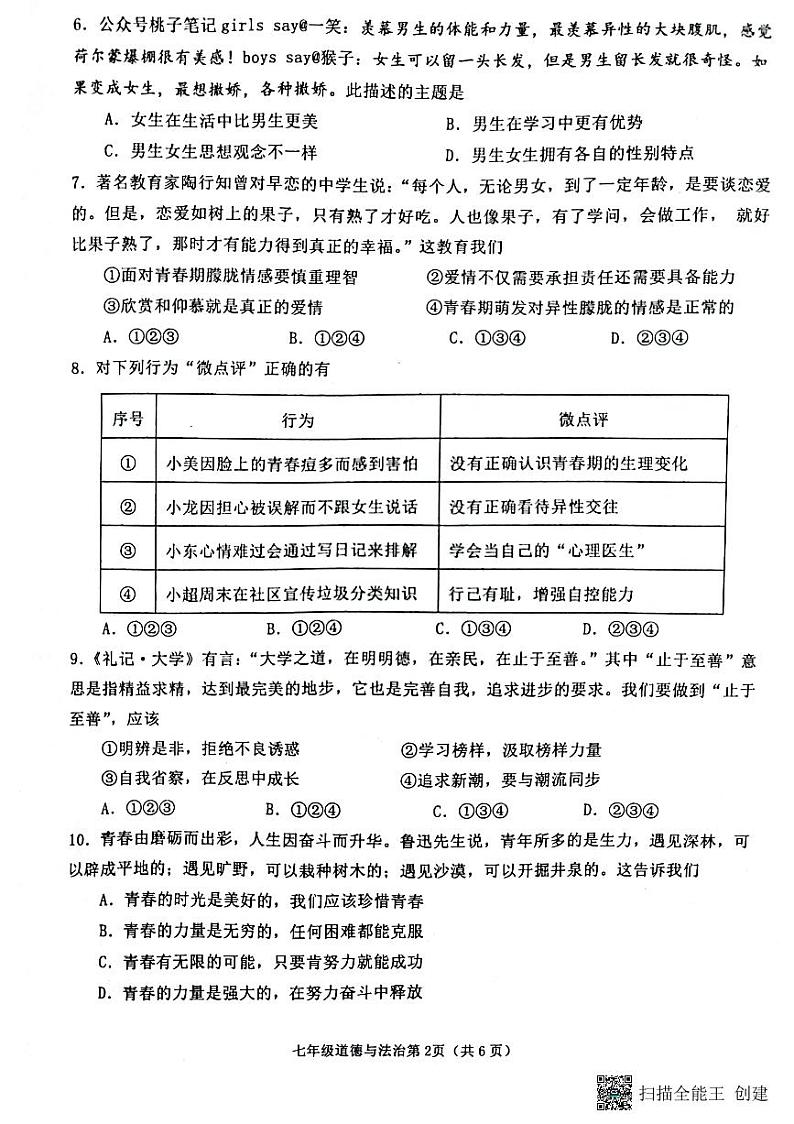 山东省临沂市沂水县2022-2023学年七年级下学期期中考试道德与法治试题+02