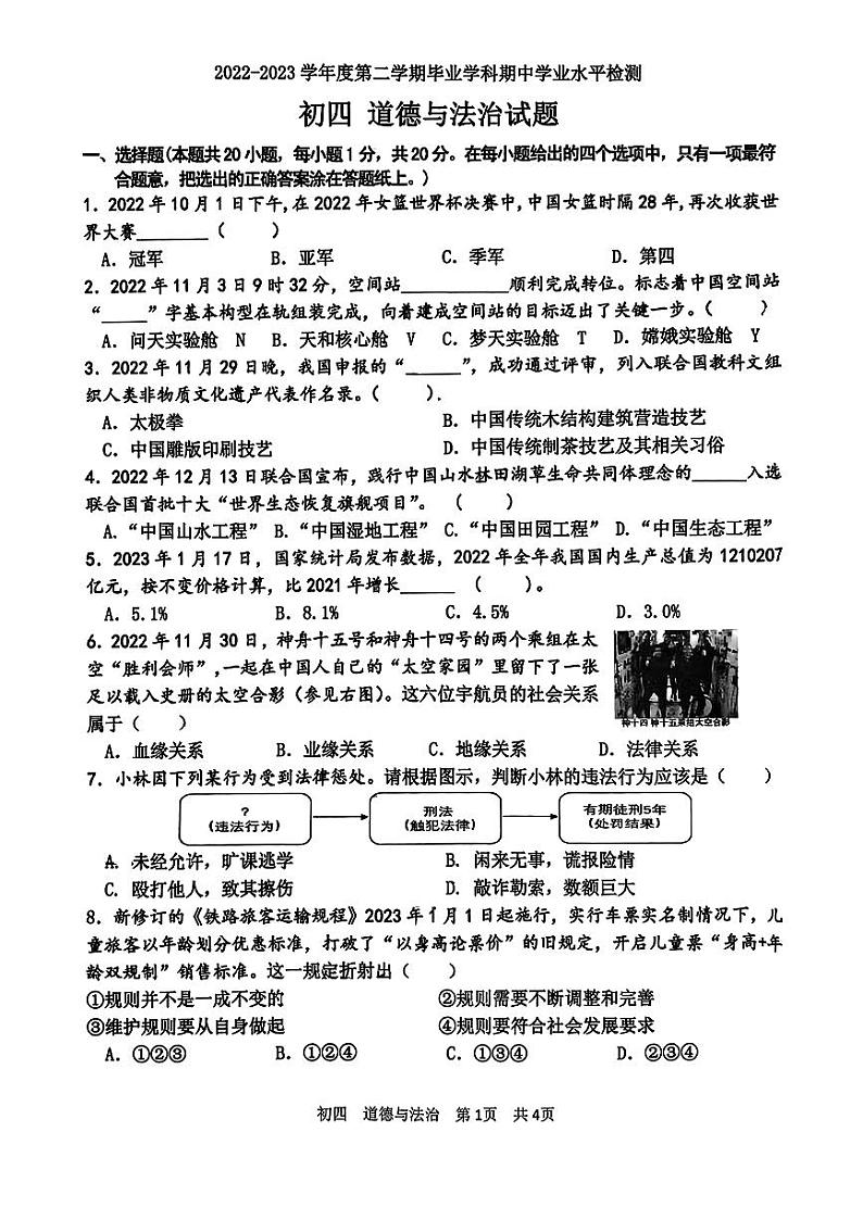 2023年山东省淄博市张店区中考一模道德与法治试卷01