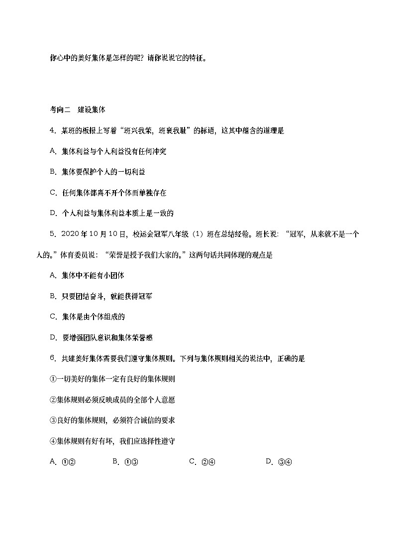 中考道德与法治二轮复习专题练习考点08  在集体中成长（考点专练） (含答案)第2页