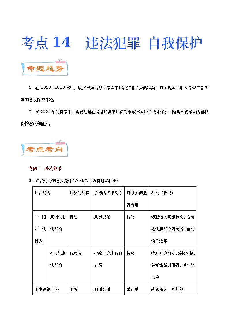 中考道德与法治二轮复习专题练习考点14  违法犯罪 自我保护（考点详解） (含答案)第1页