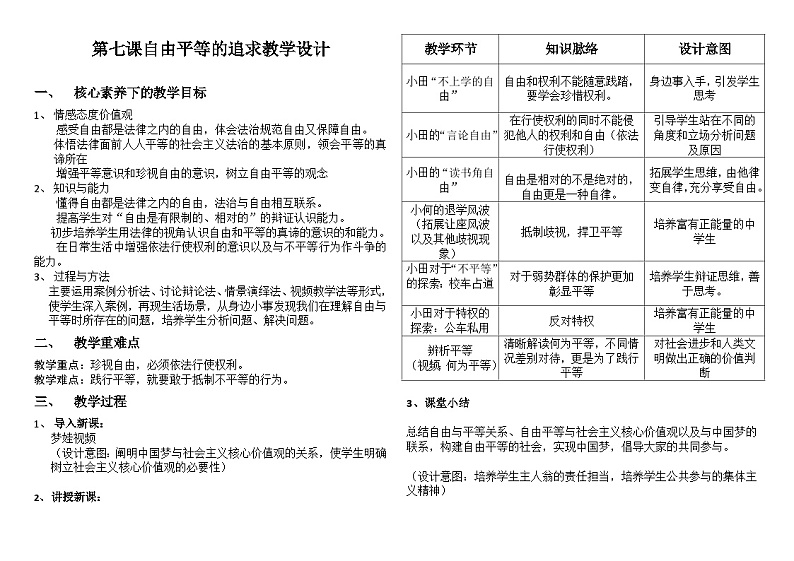 部编版八年级道德与法治下册--7.2自由平等的追求（教学设计2）第1页