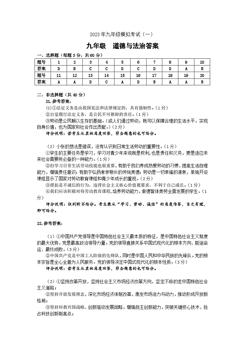 九年级道德与法治试题答案第1页