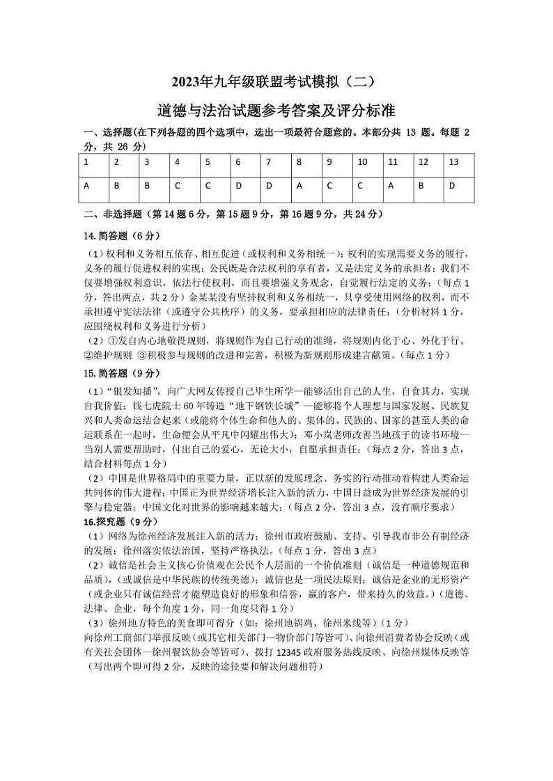 二模道德与法治二模试题参考答案及评分标准第1页