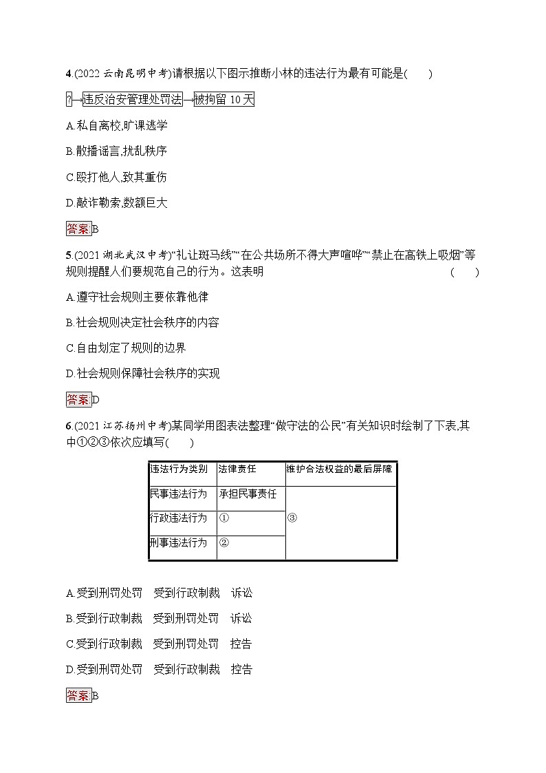 人教版中考道德与法治复习八年级(上)第6课时遵守社会规则习题含答案第2页