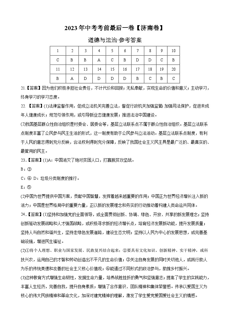 道德与法治（济南卷）2023年中考考前最后一卷（参考答案）第1页