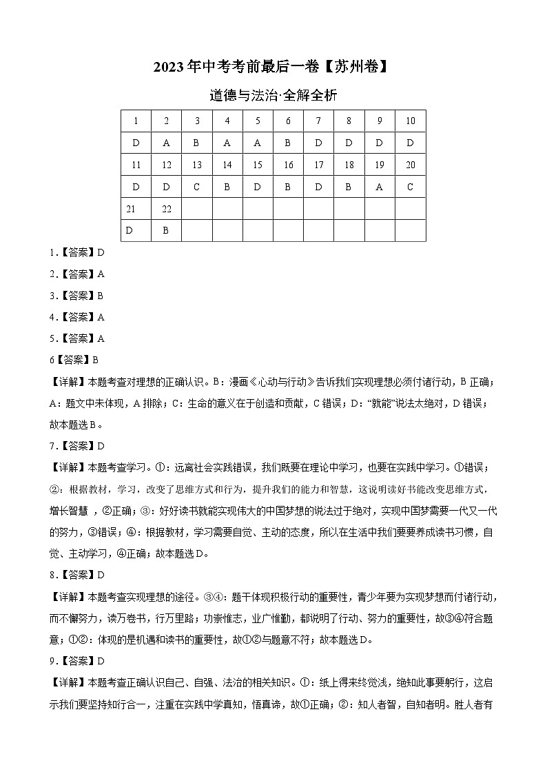 道德与法治（苏州卷）2023年中考考前最后一卷（全解全析）01