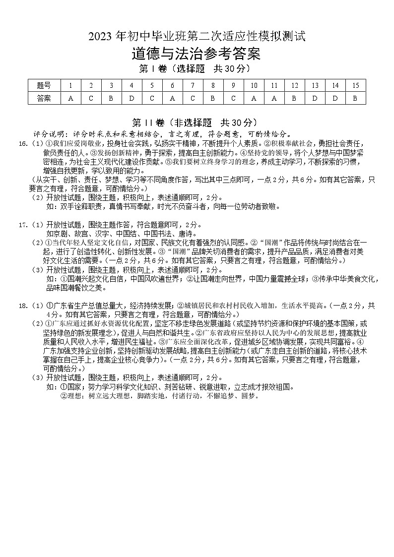 道法 23年初中毕业班第二次适应性模拟测试( 参考答案)第1页