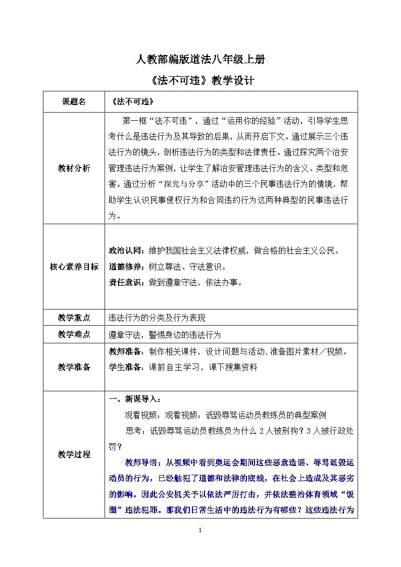 部编版8上道德与法治第五课第一框《法不可违 》课件+教案01