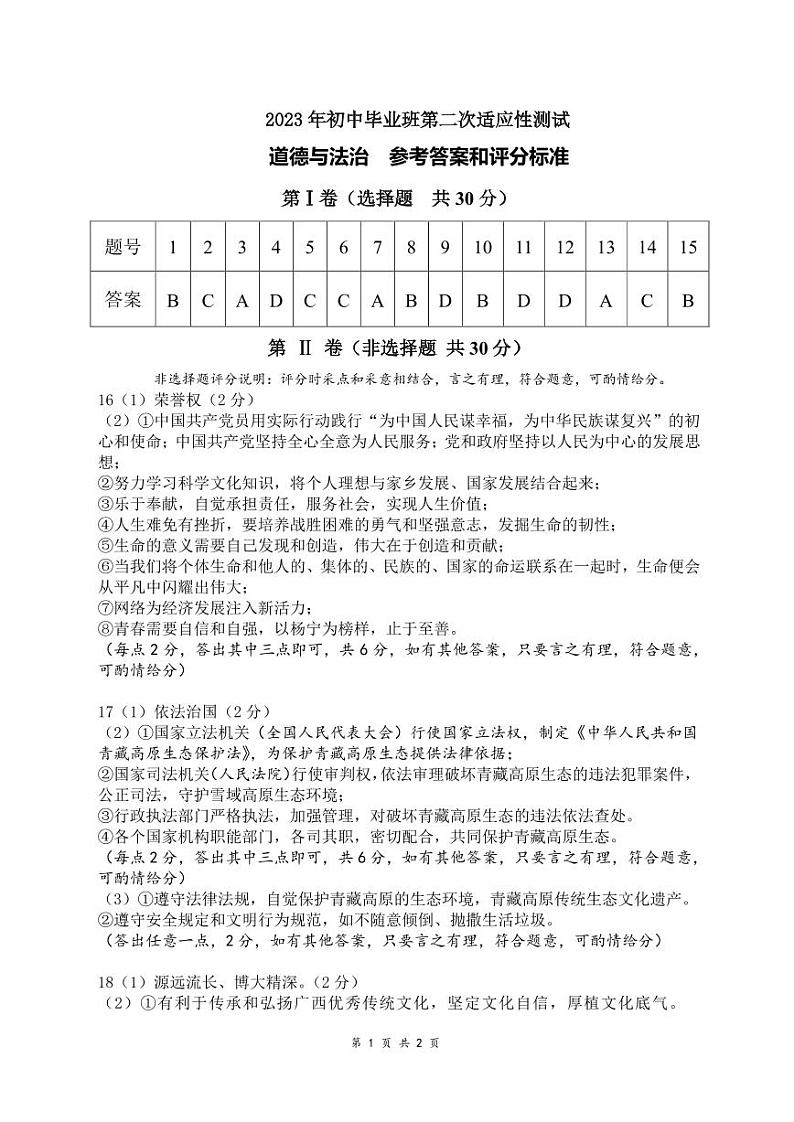 南宁西乡塘区2023年初中毕业班第二次适应性测试道德与法治测试卷01