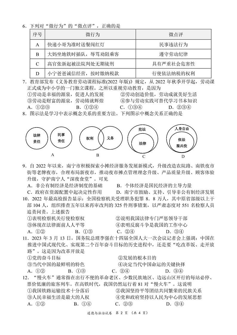 南宁西乡塘区2023年初中毕业班第二次适应性测试道德与法治测试卷02
