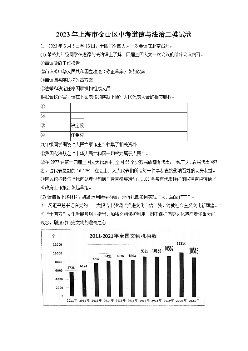 2023年上海市金山区中考道德与法治二模试卷-普通用卷第1页