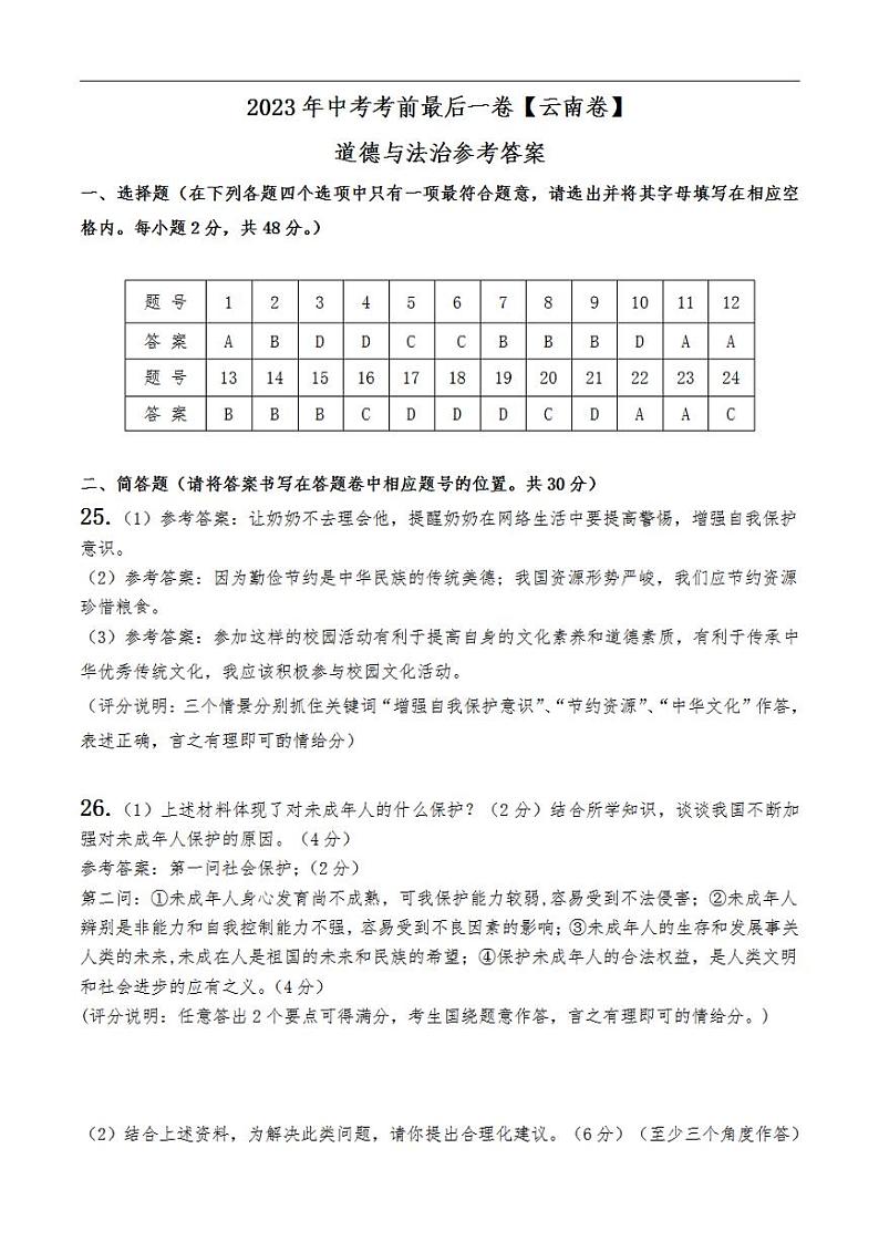 2023年中考考前最后一卷：道德与法治（云南卷）（参考答案）第1页