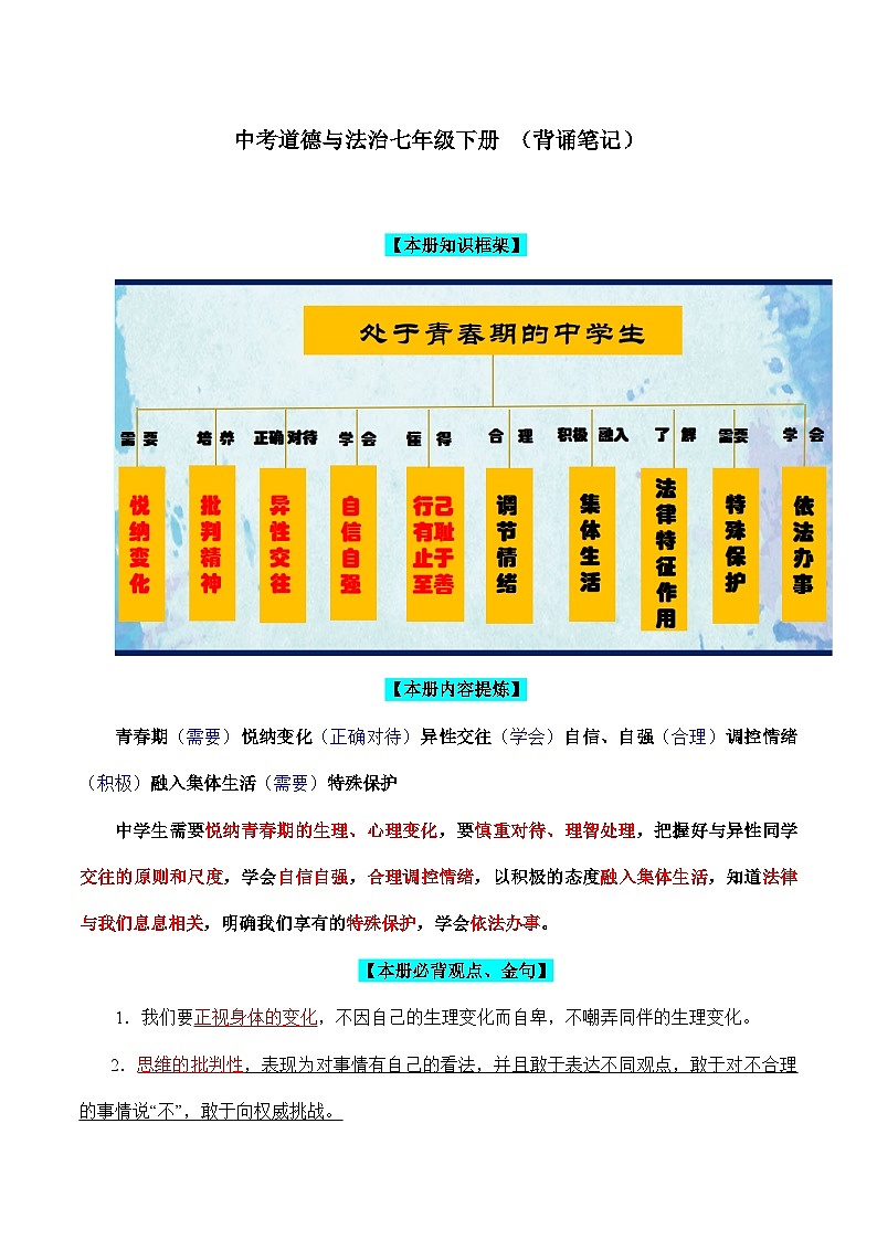 （七下）核心知识背诵笔记-中考道德与法治考前干货必备速递（部编版） 试卷01