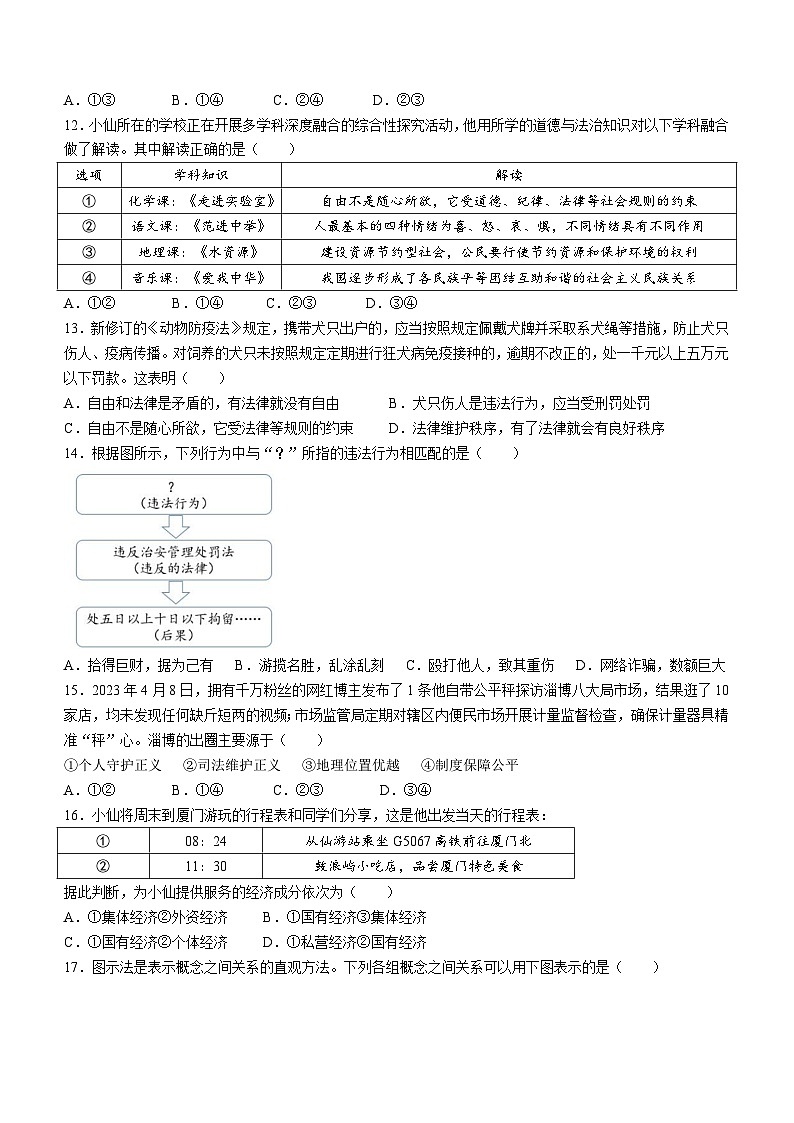 2023年福建省莆田市仙游县中考二模道德与法治试题(含答案)03