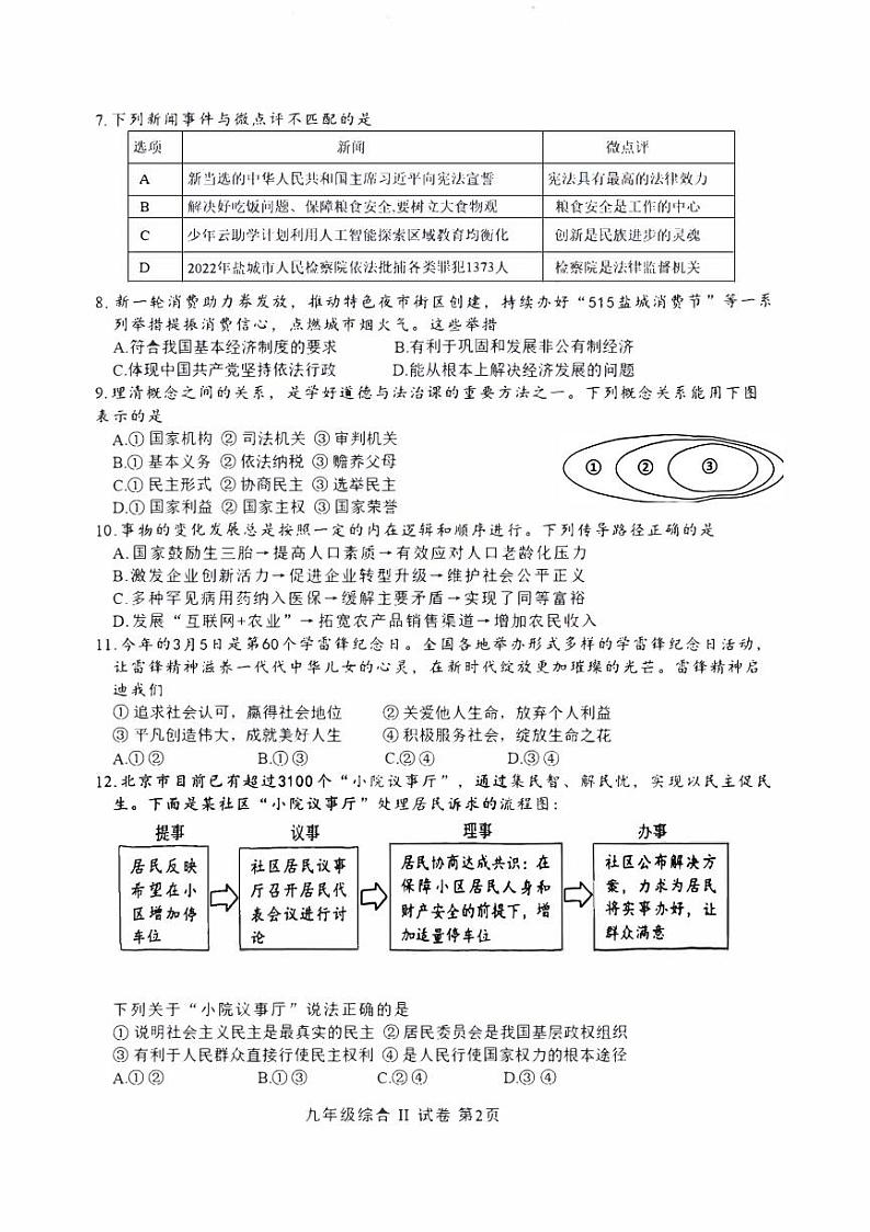 江苏省盐城市盐都区2023届九年级中考三模道德与法治试卷02