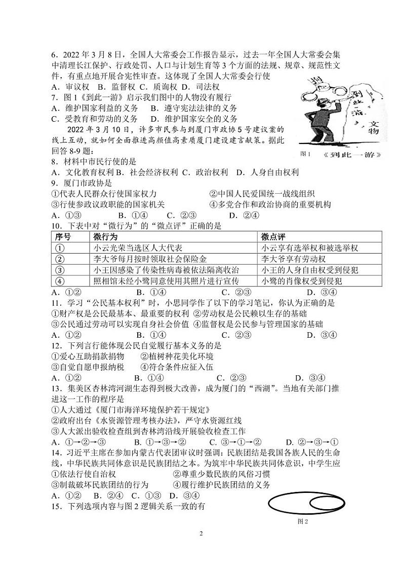 福建省厦门双十中学2022-2023学年八年级下学期期末考试道德与法治试题02