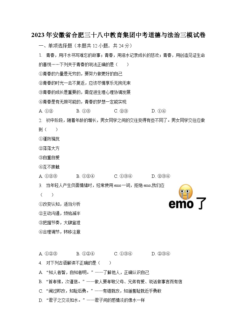 2023年安徽省合肥三十八中教育集团中考道德与法治三模试卷（含解析）第1页