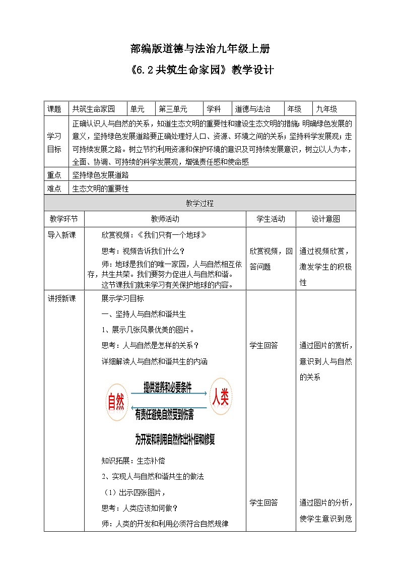 人教部编版道德与法治九年级上册6.2 共筑生命家园 课件+教案+素材01